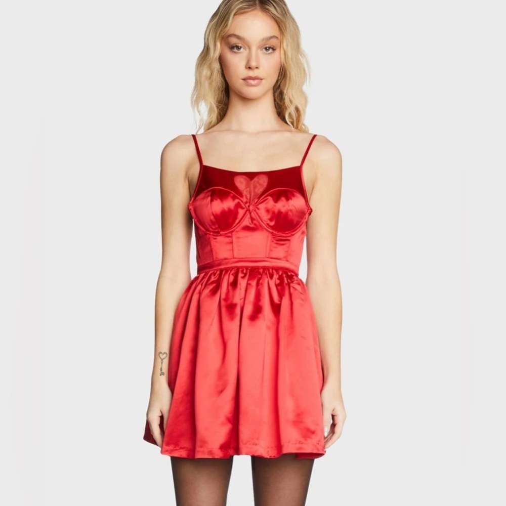 For Love And Lemons Red Satin Heart Cutout Mini Dress
